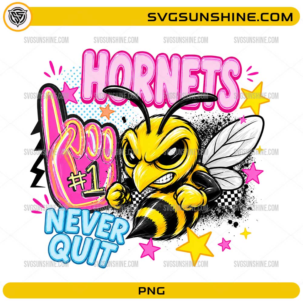 Hornets Never Quit PNG featuring fierce hornet mascot with foam finger number one team spirit design
