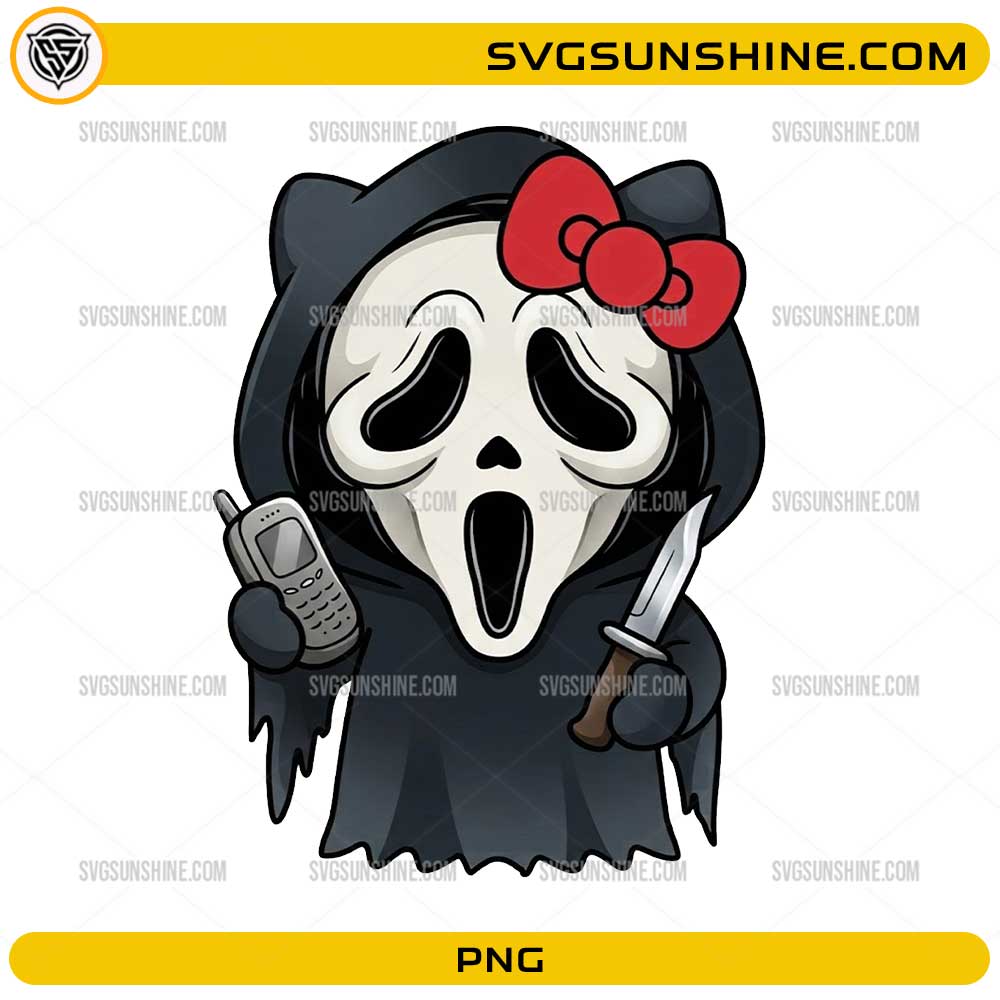 Horror Hello Kitty Scream PNG cute ghost face Halloween digital design with knife and phone