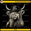 Hot Mess Highland Cow Funny Coffee Lover PNG featuring a shaggy Highland cow wearing a Hot Mess cap and holding a leopard-print coffee tumbler.