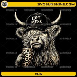 Hot Mess Highland Cow Funny Coffee Lover PNG featuring a shaggy Highland cow wearing a Hot Mess cap and holding a leopard-print coffee tumbler.