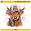Hot Mess Leopard Highland Cow Coffee Lover PNG featuring a shaggy Highland cow wearing a Hot Mess cap with a leopard-print coffee tumbler.