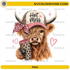 Hot Mess Leopard Highland Cow Coffee Lover PNG featuring a shaggy Highland cow wearing a Hot Mess cap with a leopard-print coffee tumbler.