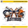 Houston Astros baseball cheer bow PNG featuring baseball bats, glove, baseball, and helmet in orange and navy colors.