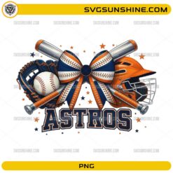 Houston Astros baseball cheer bow PNG featuring baseball bats, glove, baseball, and helmet in orange and navy colors.
