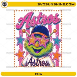 Houston Astros baseball mascot PNG wearing an Astros jersey, colorful star sunglasses, and a baseball cap.