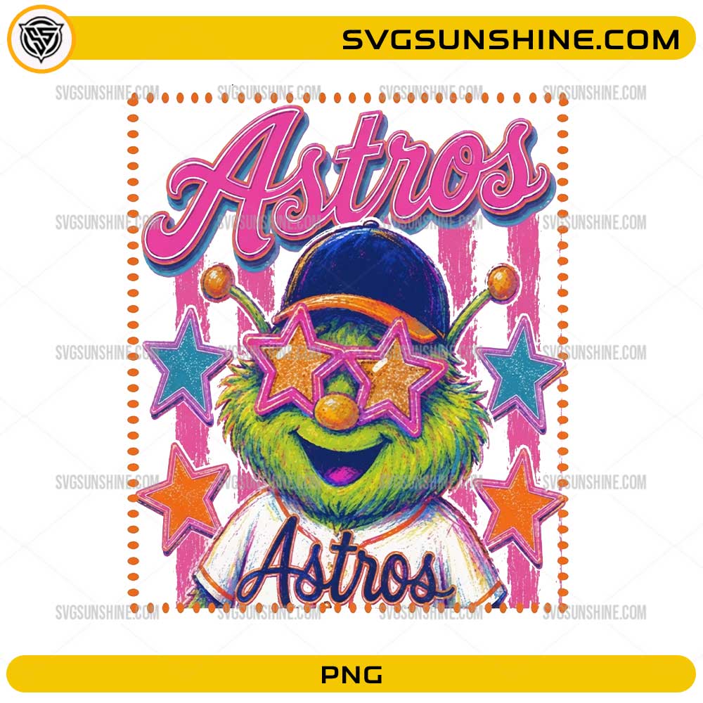 Houston Astros baseball mascot PNG wearing an Astros jersey, colorful star sunglasses, and a baseball cap.