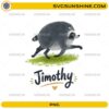 Jimothy Raccoon PNG featuring a cute watercolor raccoon running across grass with hand-lettered Jimothy text