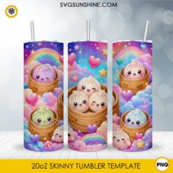 Kawaii dumpling 20oz skinny tumbler PNG sublimation wrap featuring cute dim sum characters, rainbow, hearts, clouds, and pastel colors