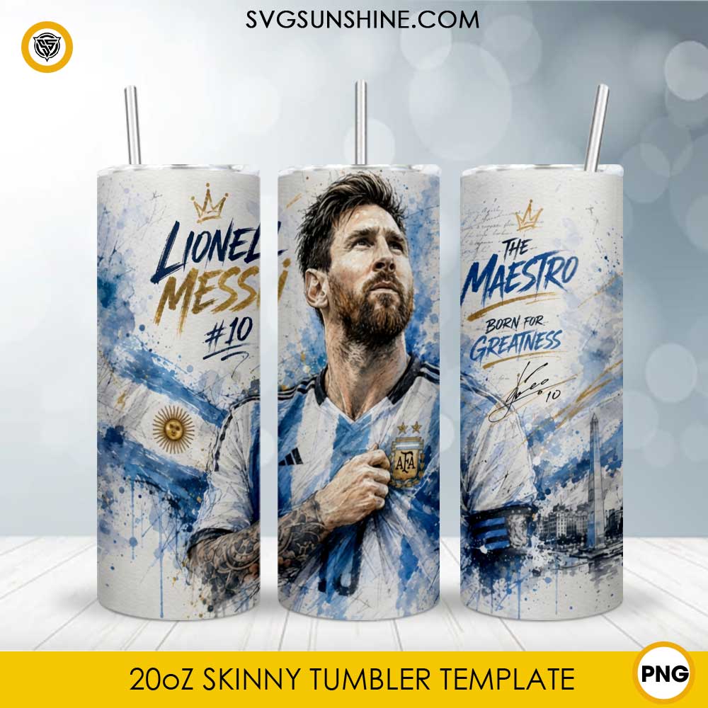 Lionel Messi 20oz skinny tumbler PNG sublimation wrap featuring Argentina football-inspired watercolor artwork and sports design