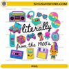 Literally From The 1900s PNG featuring colorful 90s retro icons including a boombox, cassette tape, Game Boy, floppy disk, roller skates, and Tamagotchi.