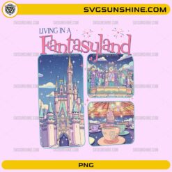 Living in a Fantasyland PNG featuring a magical fairytale castle, fantasy attractions, and pastel theme park artwork