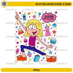 Lizzie McGuire Cartoon Daily Life PNG featuring a colorful Y2K cartoon girl surrounded by fashion and everyday accessories.