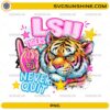 LSU Tigers Never Quit PNG featuring fierce tiger mascot with number one foam finger and team spirit design