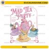 Mad Tea Party Alice in Wonderland PNG featuring Alice, Mad Hatter, White Rabbit, colorful teacups, and vintage Wonderland artwork