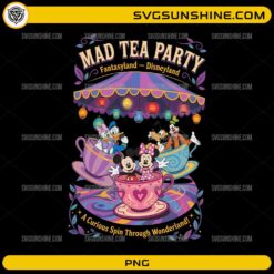 Mad Tea Party Fantasyland Disneyland PNG with colorful tea cups and Wonderland-inspired Disney characters