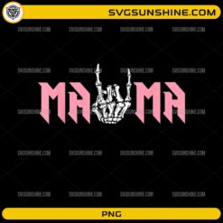 Mama PNG featuring pink gothic lettering with a skeleton hand making a rock gesture