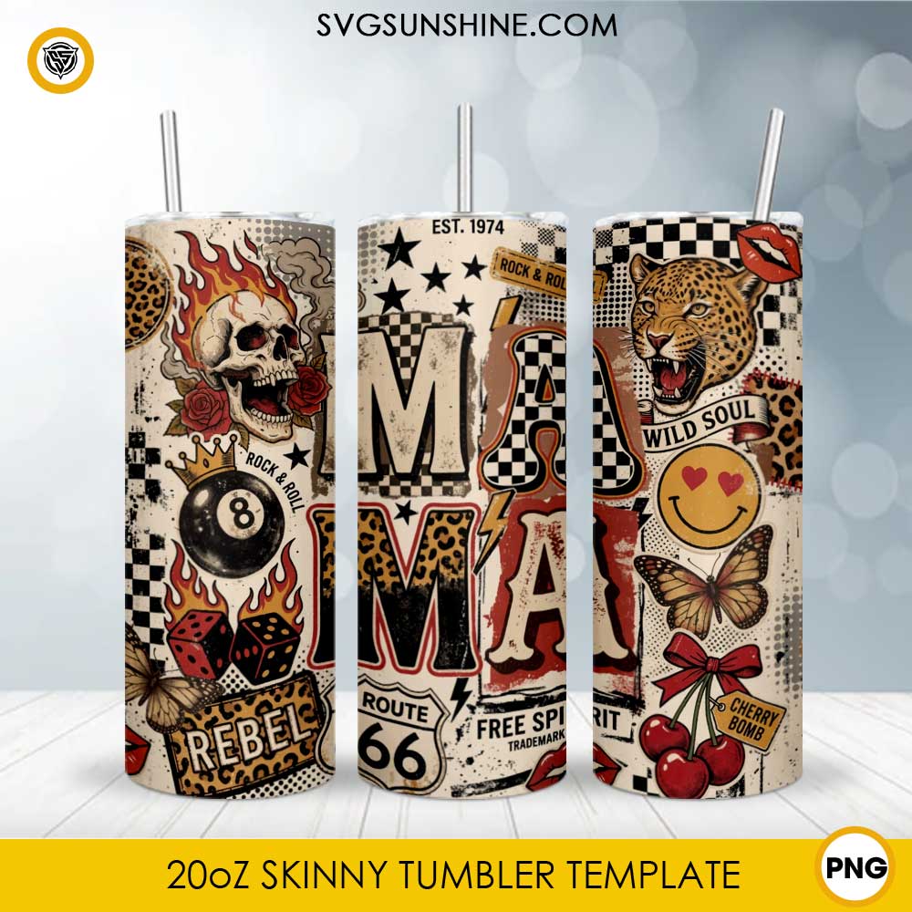 Mama Retro Tattoo 20oz skinny tumbler PNG sublimation wrap featuring vintage skull, leopard, cherries, Route 66, butterflies, dice, checkerboard, and rockabilly artwork