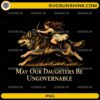 May Our Daughters Be Ungovernable PNG featuring a young girl riding a wolf with a bow in a vintage feminist illustration