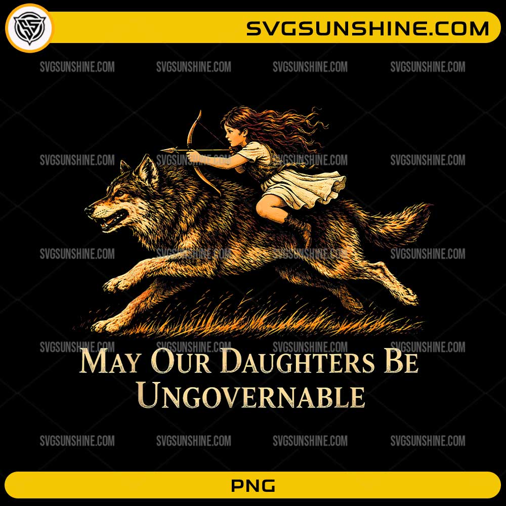 May Our Daughters Be Ungovernable PNG featuring a young girl riding a wolf with a bow in a vintage feminist illustration