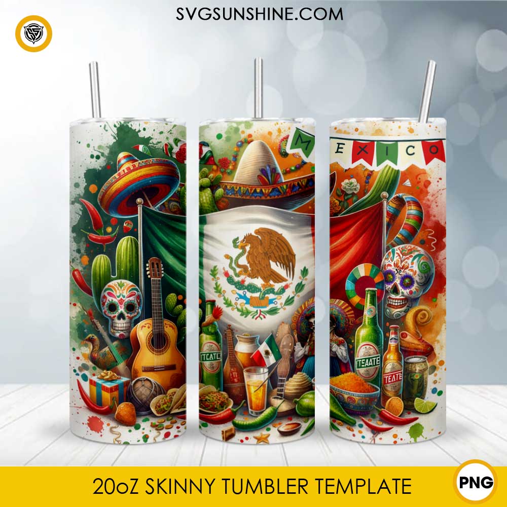 Mexican Fiesta 20oz skinny tumbler PNG sublimation wrap featuring sombreros, sugar skulls, tacos, cactus, guitars, peppers, and the Mexican flag