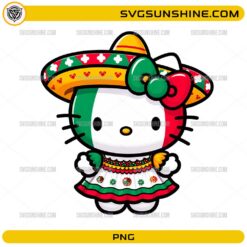 Mexican Hello Kitty PNG wearing a colorful fiesta dress and sombrero with Mexico-inspired design