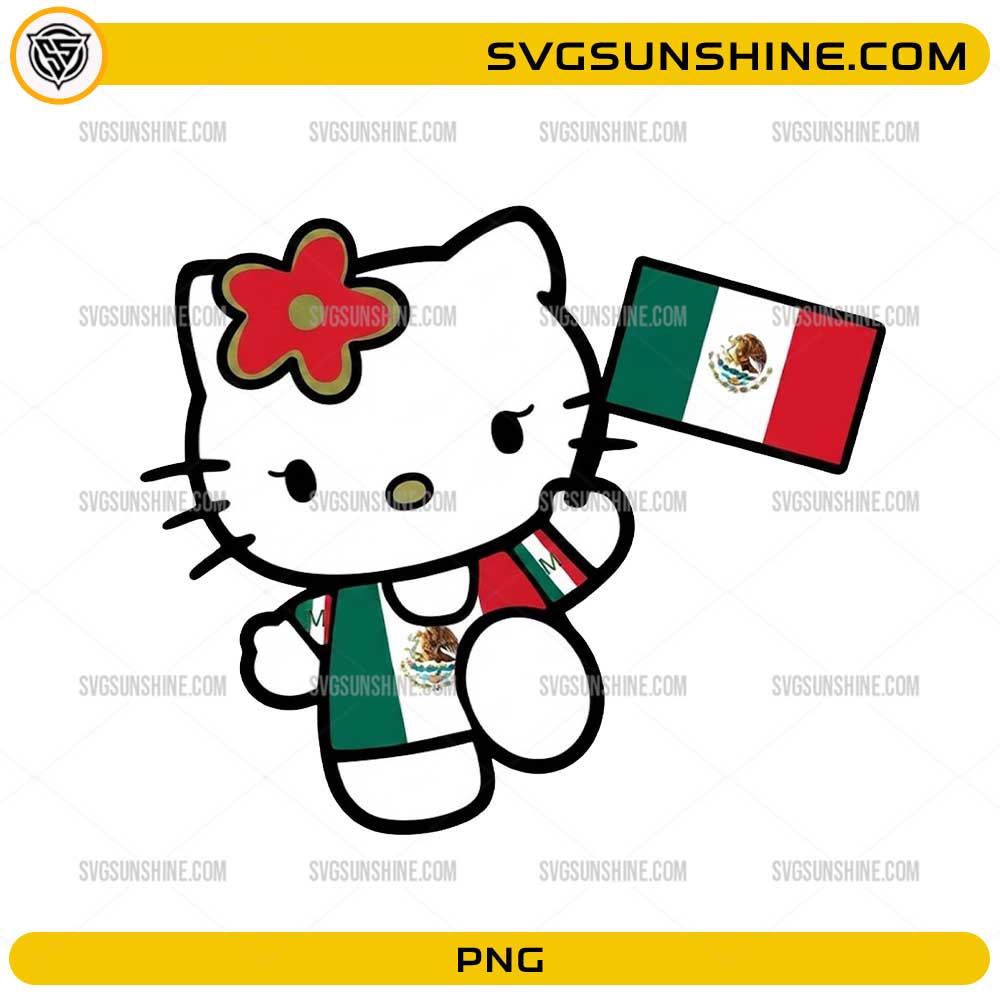 Mexico Flag Hello Kitty PNG wearing a Mexico-themed outfit and waving the Mexican flag