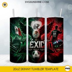 Mexico Soccer 20oz skinny tumbler PNG sublimation wrap featuring the Mexican flag, eagle, soccer ball, stadium lights, and football-inspired artwork