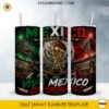 Mexico World Cup 2026 Stadium 20oz skinny tumbler PNG sublimation wrap featuring football trophy, stadium, Aztec artwork, Chichén Itzá pyramid, and Mexican flag colors