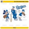 Mickey inspired Dodgers baseball PNG featuring cartoon characters in blue baseball outfits with bats, gloves, and baseballs.
