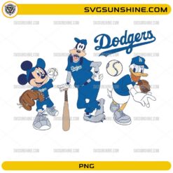 Mickey inspired Dodgers baseball PNG featuring cartoon characters in blue baseball outfits with bats, gloves, and baseballs.