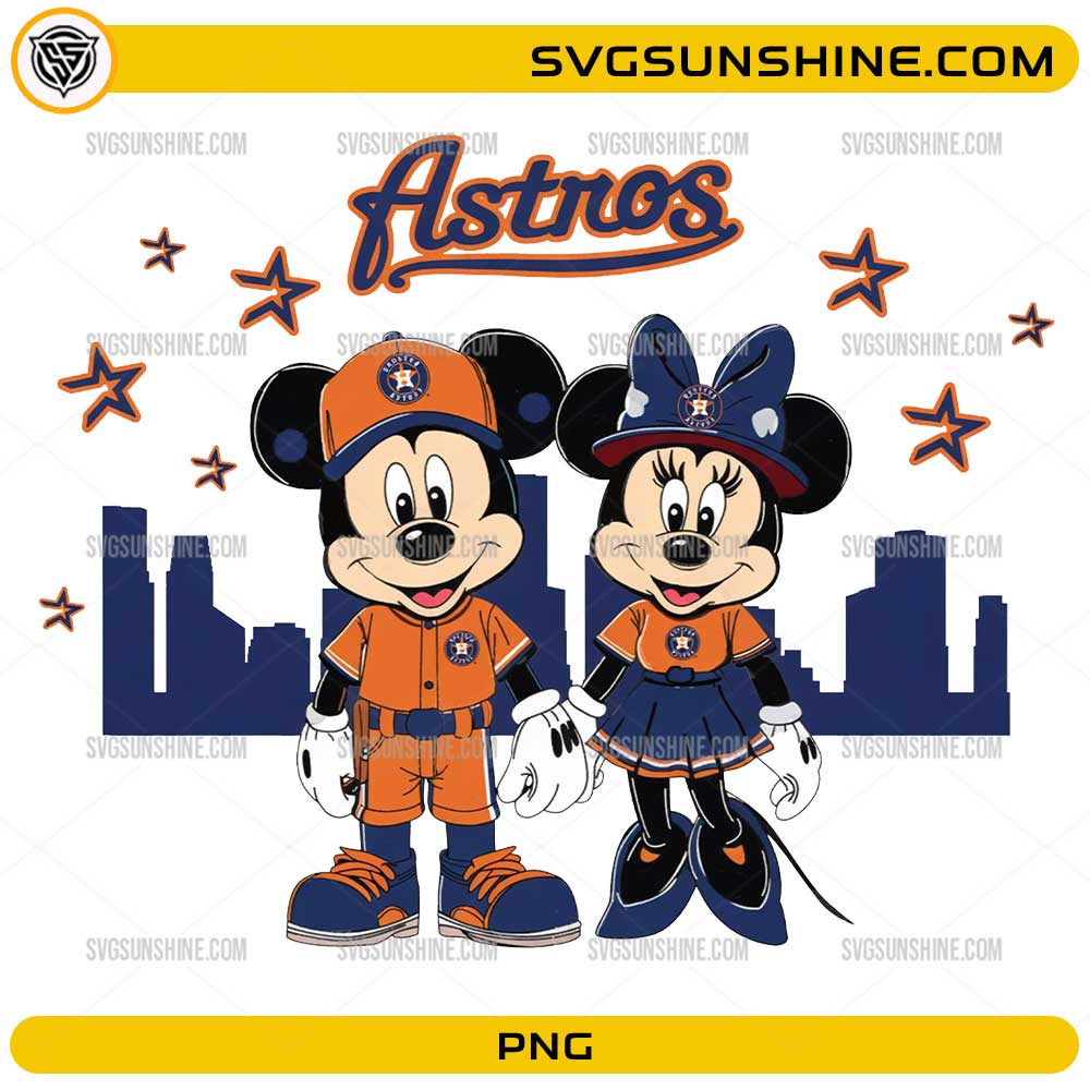 Mickey and Minnie inspired Houston Astros PNG featuring a baseball couple in orange and navy outfits with a city skyline.