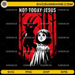 Not Today Jesus SVG featuring a spooky gothic girl holding a creepy rabbit in a red forest