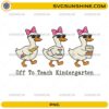 Off To Teach Kindergarten PNG featuring cute ducks with pencil, coffee cup, back to school sign, sunglasses, and pink bows