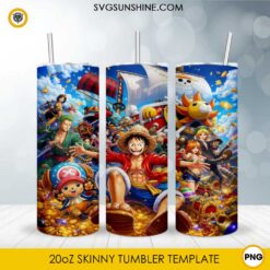 One Piece pirate adventure 20oz skinny tumbler PNG sublimation wrap with anime-inspired treasure and pirate crew design