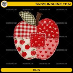Patchwork Preppy Apples Back to School Teacher PNG featuring a handmade-style apple with gingham, floral, heart, and apple fabric patterns.