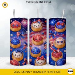 Patriotic Fireworks kawaii 20oz skinny tumbler PNG sublimation wrap with red white blue fireworks and festive bows