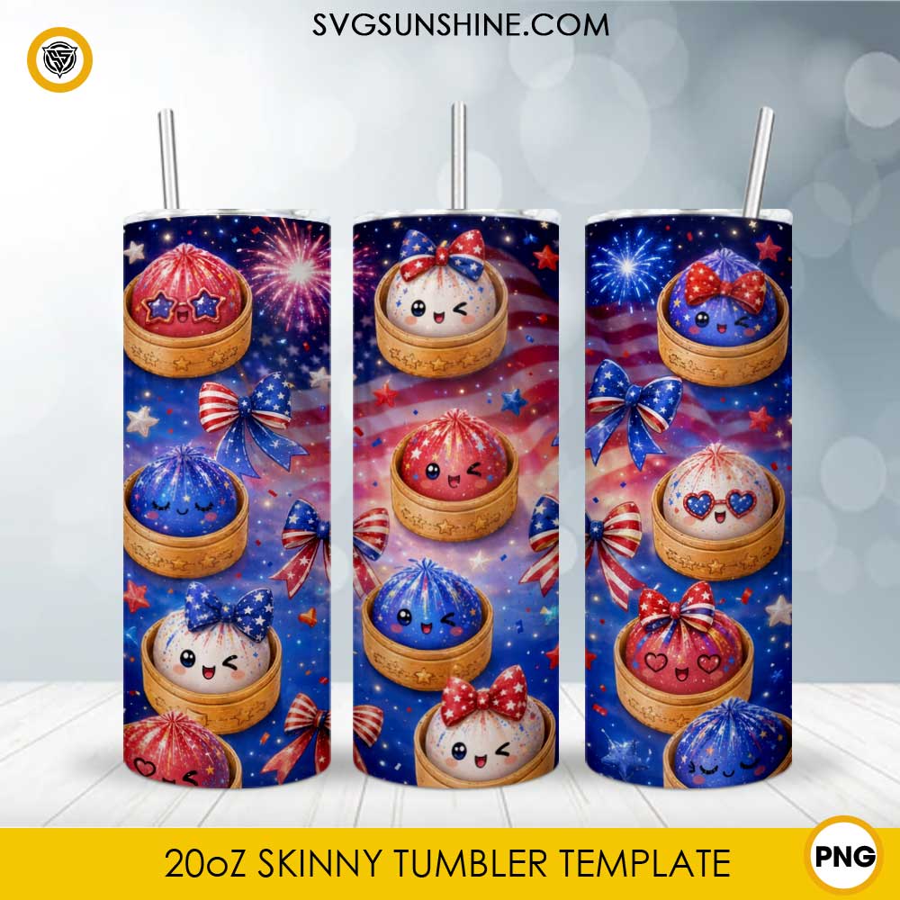 Patriotic Fireworks kawaii 20oz skinny tumbler PNG sublimation wrap with red white blue fireworks and festive bows
