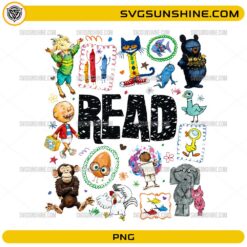 Pete The Cat Read PNG with colorful reading characters and READ lettering for teachers and book lovers