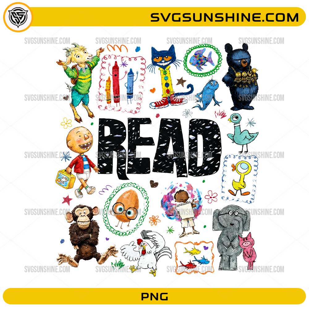 Pete The Cat Read PNG with colorful reading characters and READ lettering for teachers and book lovers