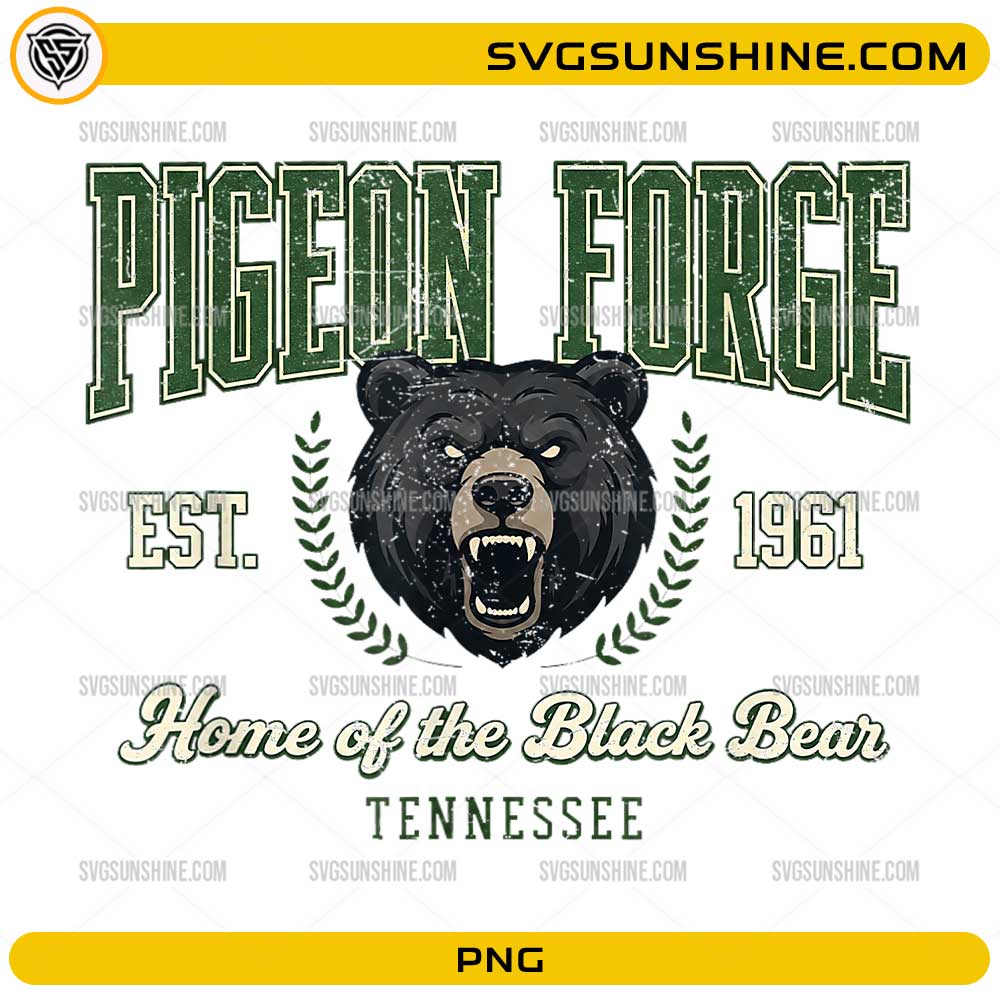 Pigeon Forge Tennessee Black Bear PNG with vintage college lettering and bear graphic