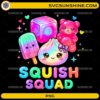 Squish Squad Dumpling Kawaii PNG featuring cute pastel anime dumpling, gummy bear, popsicle, jelly cube, and colorful lettering