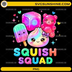 Squish Squad Dumpling Kawaii PNG featuring cute pastel anime dumpling, gummy bear, popsicle, jelly cube, and colorful lettering