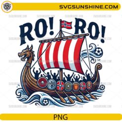 Ro Ro Norway Viking PNG featuring a Viking longship, Norwegian flag, cheering fans, and soccer theme for Cricut and sublimation.