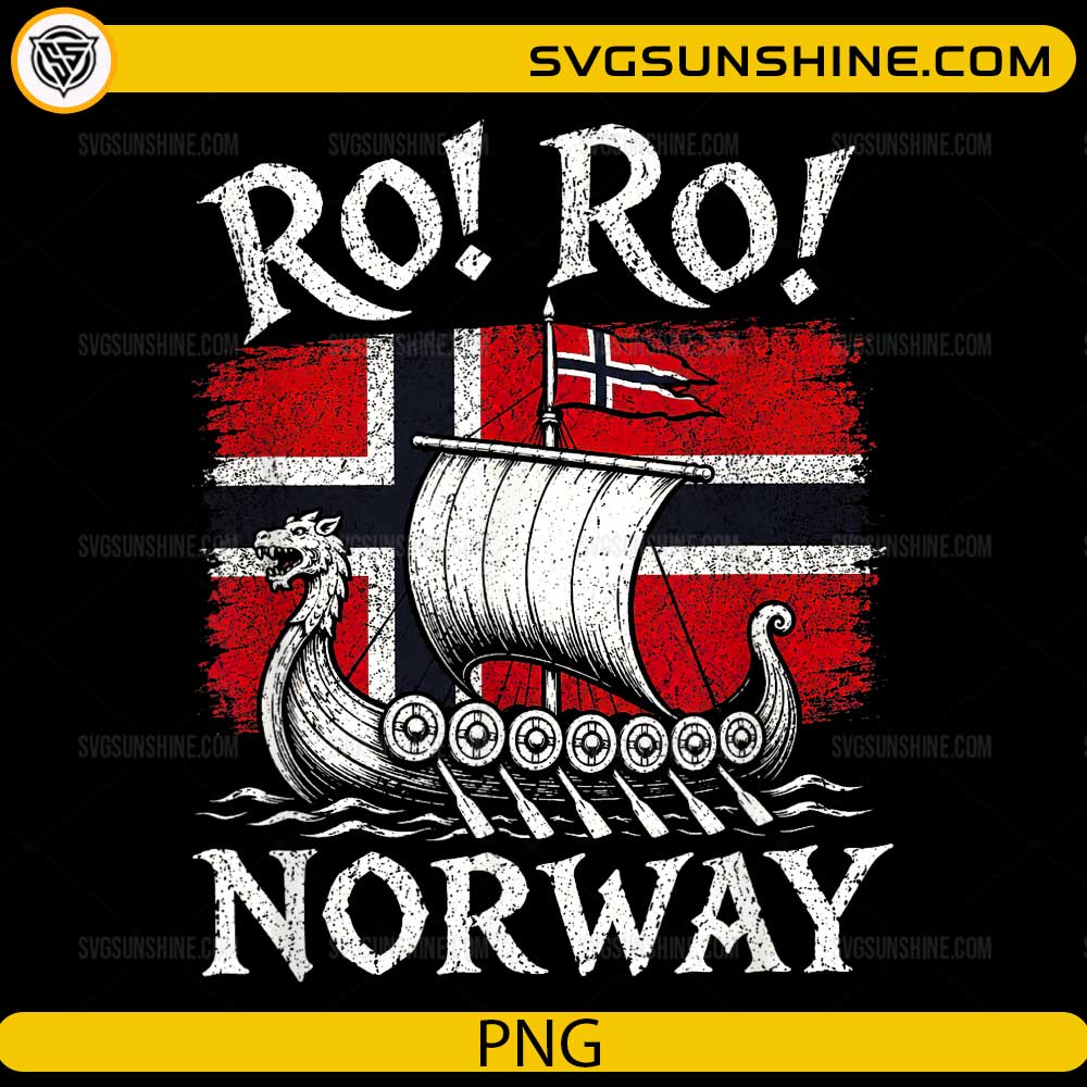 Ro Ro Norway Viking Ship PNG featuring a Viking longship sailing in front of the Norwegian flag for Cricut and sublimation.