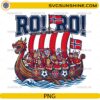 Ro Ro Norway Viking Ship Soccer PNG featuring a Viking longship with Norwegian football fans, flags, and soccer balls for Cricut and sublimation.