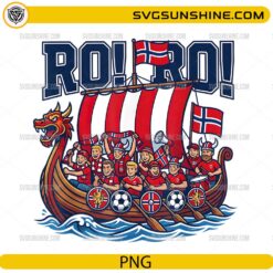 Ro Ro Norway Viking Ship Soccer PNG featuring a Viking longship with Norwegian football fans, flags, and soccer balls for Cricut and sublimation.