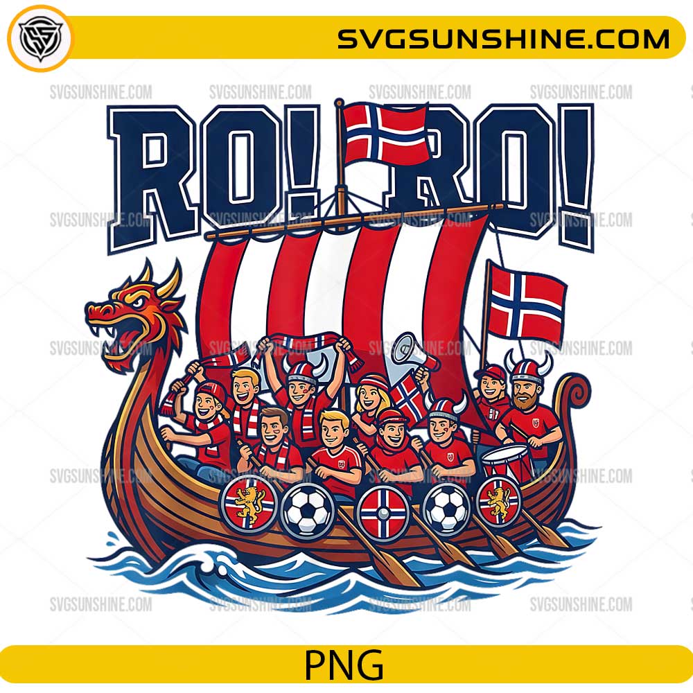 Ro Ro Norway Viking Ship Soccer PNG featuring a Viking longship with Norwegian football fans, flags, and soccer balls for Cricut and sublimation.
