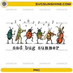 Sad Bug Summer PNG featuring a cute insect band with beetles, bees, ladybugs, grasshoppers, and musical instruments.