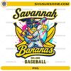 Savannah Bananas Baseball PNG featuring a colorful banana mascot holding a baseball bat with paint splash background