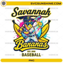 Savannah Bananas Baseball PNG featuring a colorful banana mascot holding a baseball bat with paint splash background